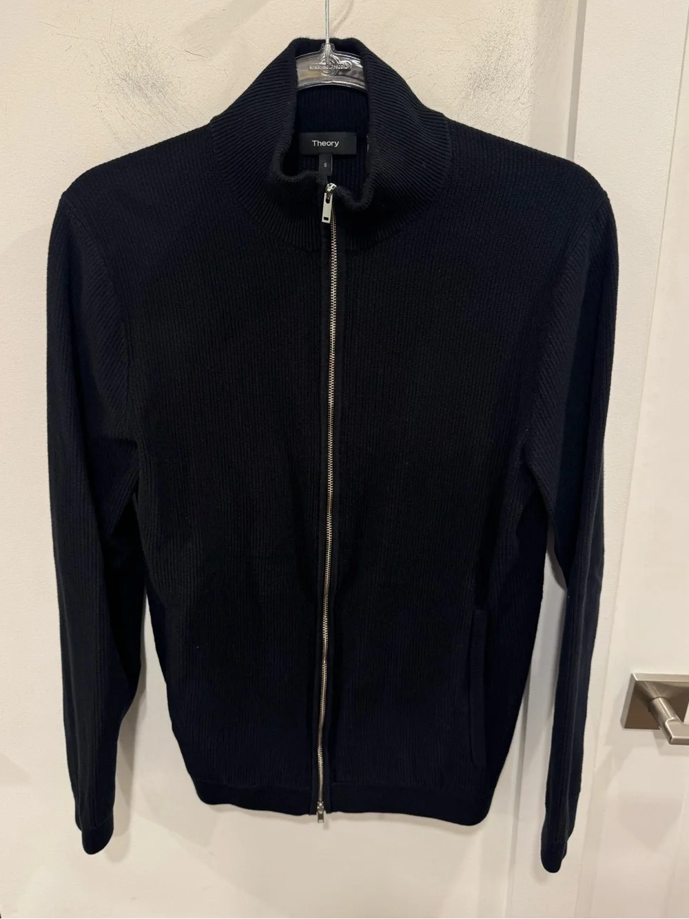 Theory Black Ribbed Full-Zip Sweater
